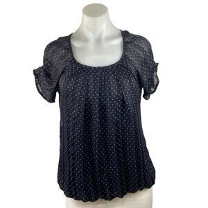 Roz & Ali Women's Blue Polka Dot Short Sleeve Scoop Neck Pleated Blouse Top Sz M
